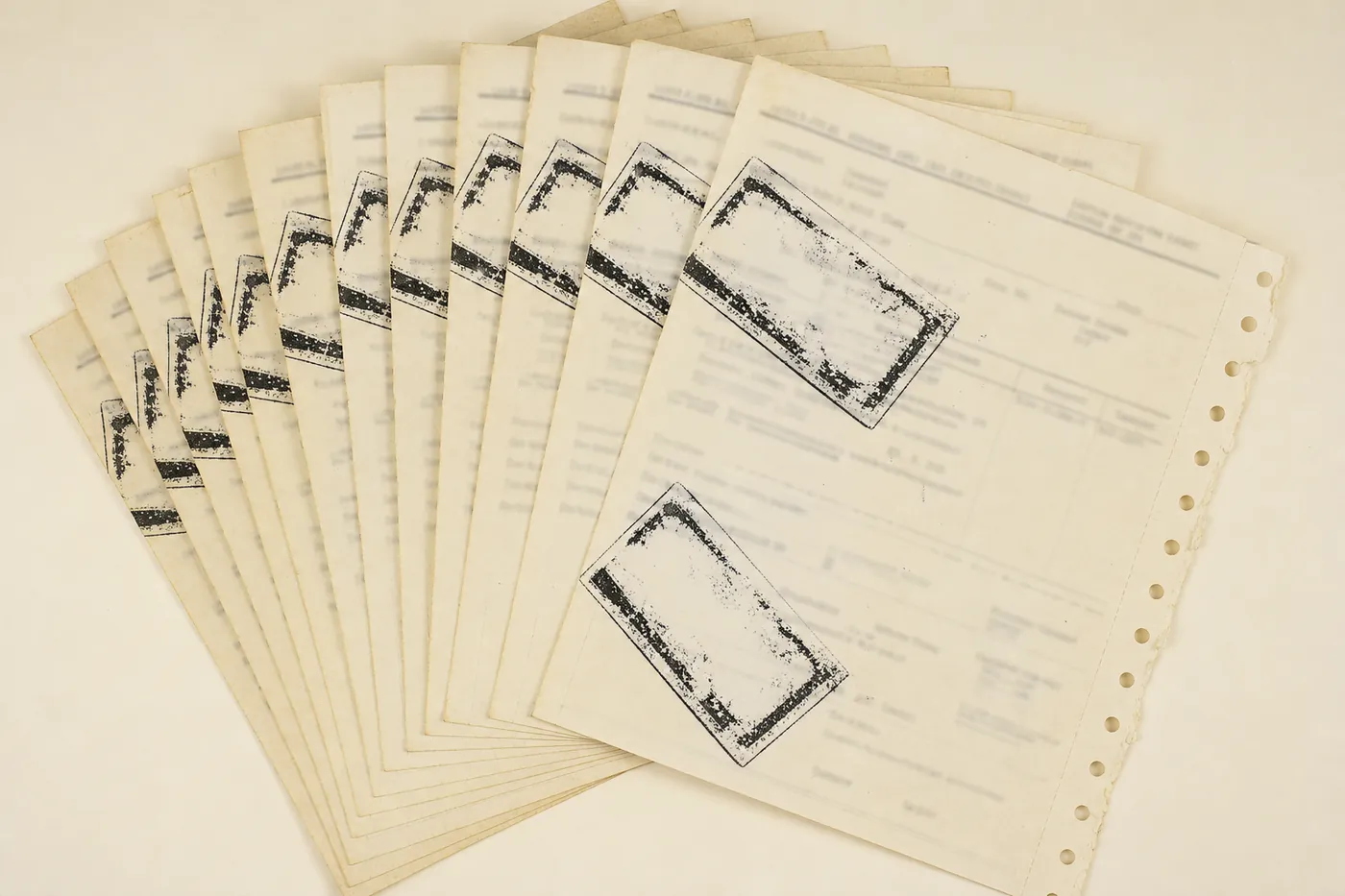A fanned stack of carbon-copy dockets, each struck with a smudged black rubber stamp.