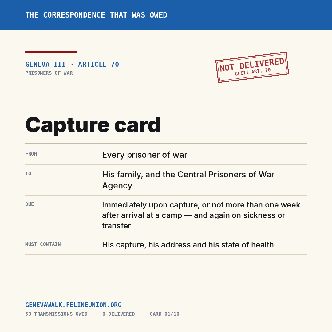 Capture card — Geneva III, Article 70. Not delivered.
