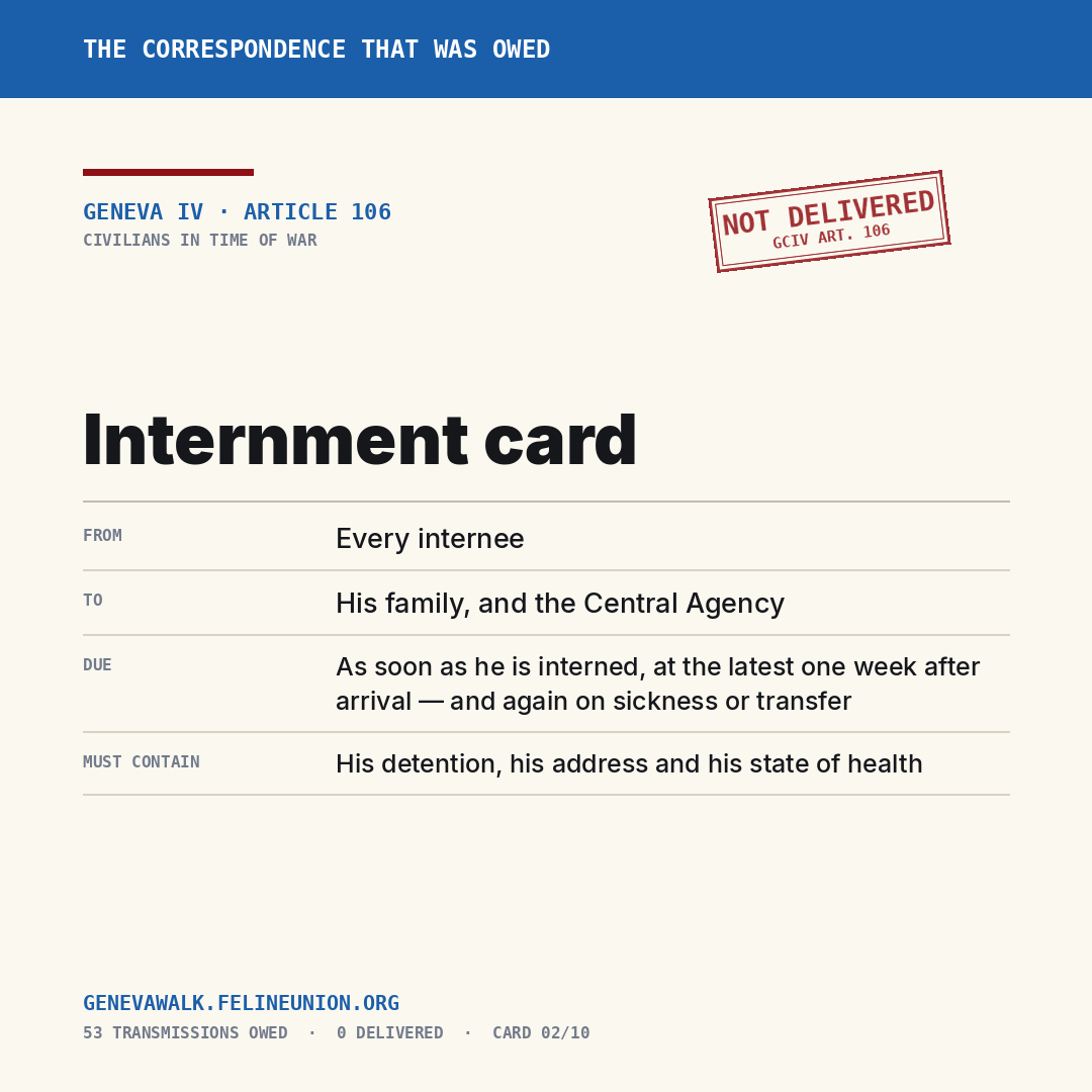 Internment card — Geneva IV, Article 106. Not delivered.