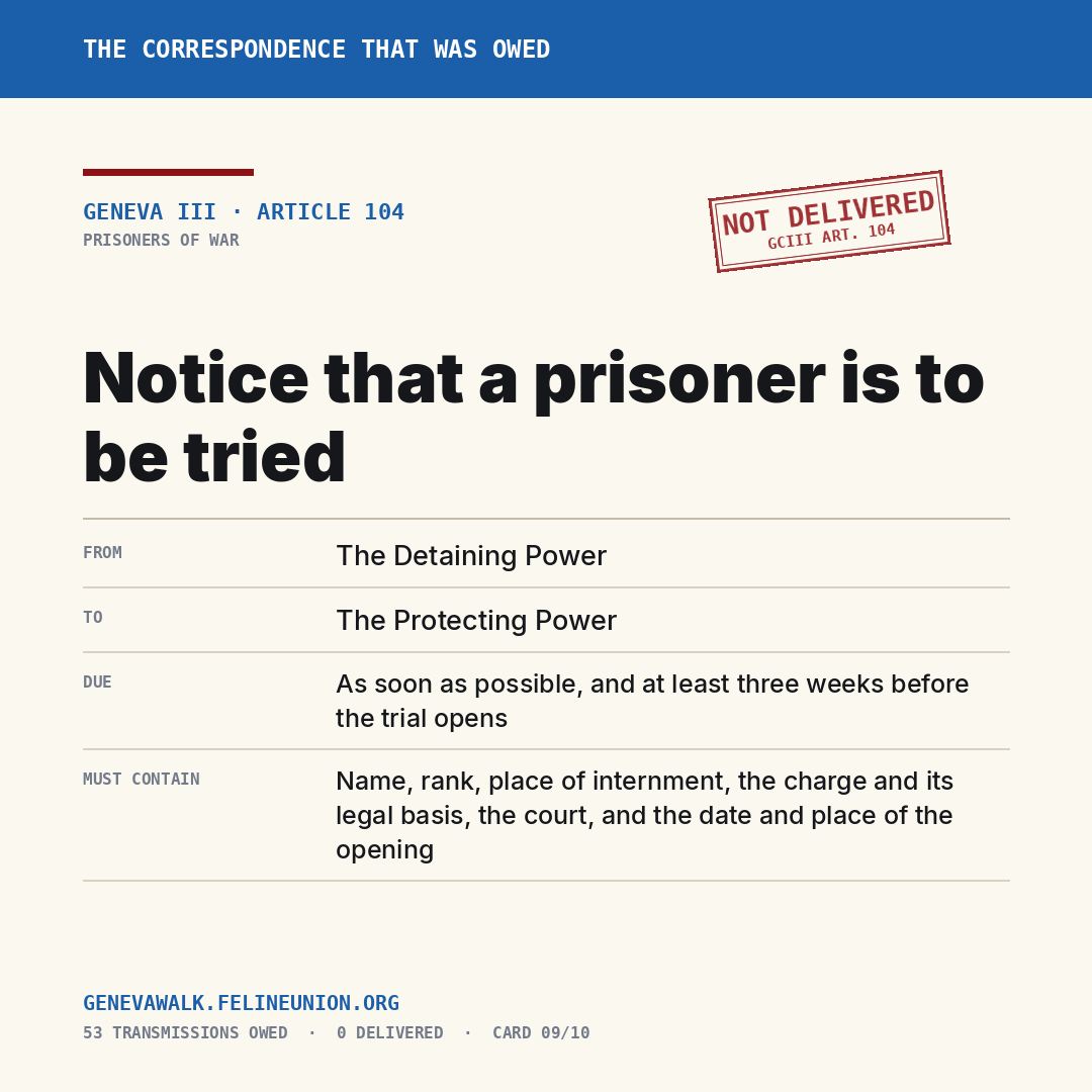 Notice that a prisoner is to be tried — Geneva III, Article 104. Not delivered.